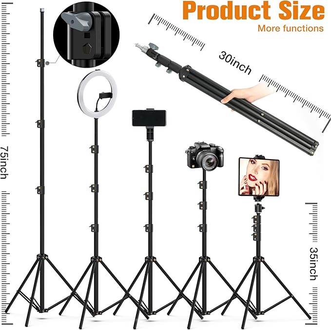 22"Ring Light with Stand,Ring Light Tripod for iPhone ipad,with 75"Tripod/LCD Display/4 ipad iPhone Clips/2 USB Ports,2600K-6500K Color Temperature,for Barber Makeup Tattoo TikTok Video Recording Vlog