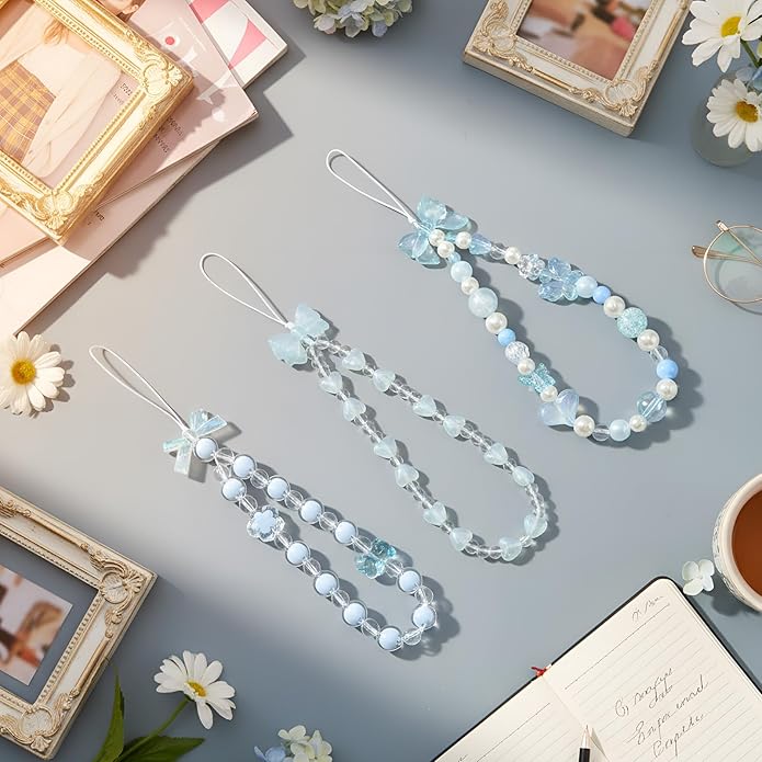 Ecally 3 Pcs Phone Charms Strap Camera Charm Strap Pearl Beaded Butterfly Bow Flower Cute Phone Wrist Lanyard Bracelet for Camera Keychain Wallet Decor Easter Gifts