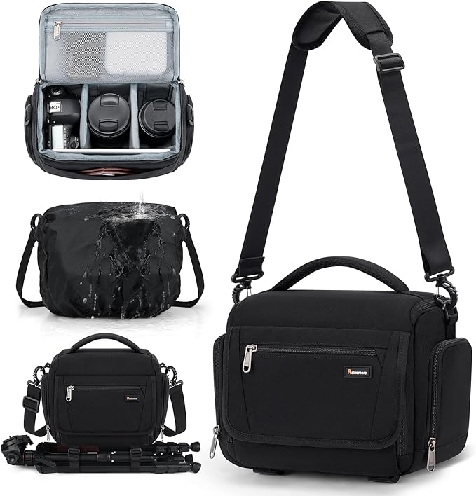 RAINSMORE Camera Bag, SLR/DSLR/Mirrorless Camera Case with Divider Tripod Holder Waterproof Sling Bag Crossbody Camera Bags for Photographers with Rain Cover for Canon/Sony/Nikon/Fuji, Black
