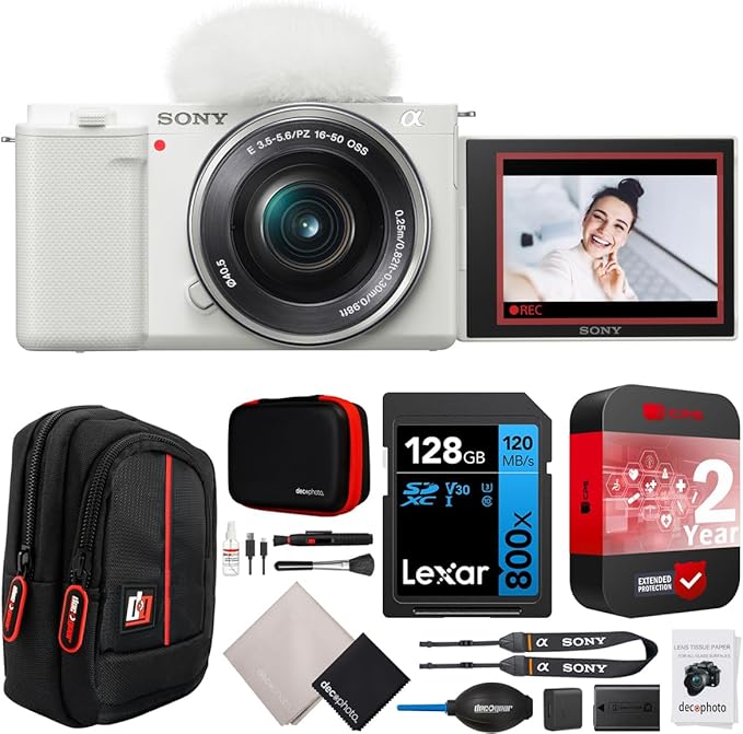 Sony ZV-E10 Mirrorless Alpha APS-C Vlog Camera Body and 16-50mm F3.5-5.6 Zoom Lens ILCZV-E10L/W White Bundle with CPS 2 YR Extended Protection Pack + Deco Gear Case + 128GB Card & Accessories Kit
