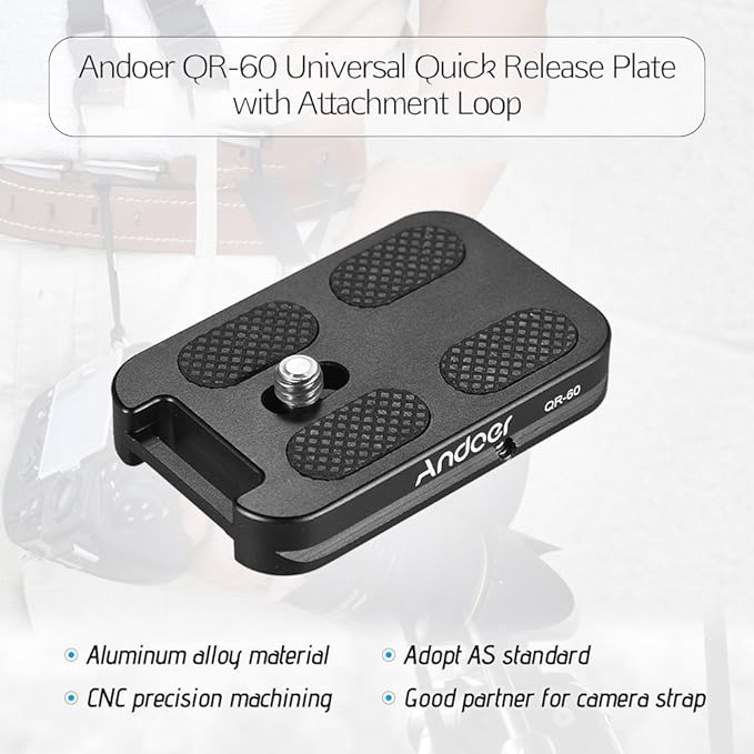 Andoer QR-60 Universal Quick Release Plate Aluminum Alloy 1/4" Screw Mount with Attachment Loop for Arca-Swiss Standard Ball Head Tripod for Canon Nikon Sony DSLR Camera