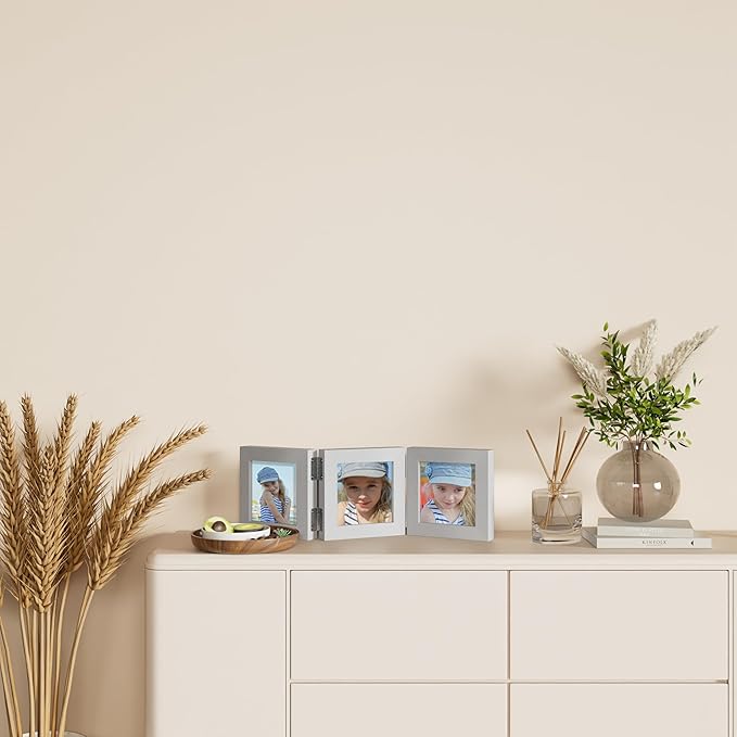 decorUhome Triple 4x4 Picture Frame Vertical, Engineered Wood Trifold Photo Frame with Plexiglass for Tabletop Display, 4x4, Silver