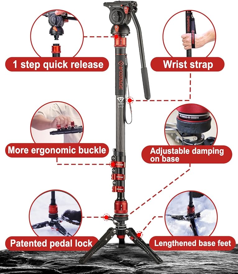 IFOOTAGE Monopod Cobra 3 C180F-P, 71" Monopod for Camera Carbon Fiber Monopod Camera Stand with Feet, Compatible with Sony Canon Nikon DSLR Camera, Payload 17.64Lbs/8KG