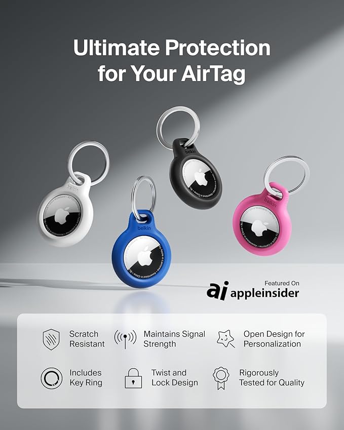 Belkin Apple AirTag Secure Holder with Key Ring - Durable, Scratch-Resistant Case with Open Face & Raised Edges - Protective AirTag Keychain Accessory for Keys, Pets, Luggage, & More - Black