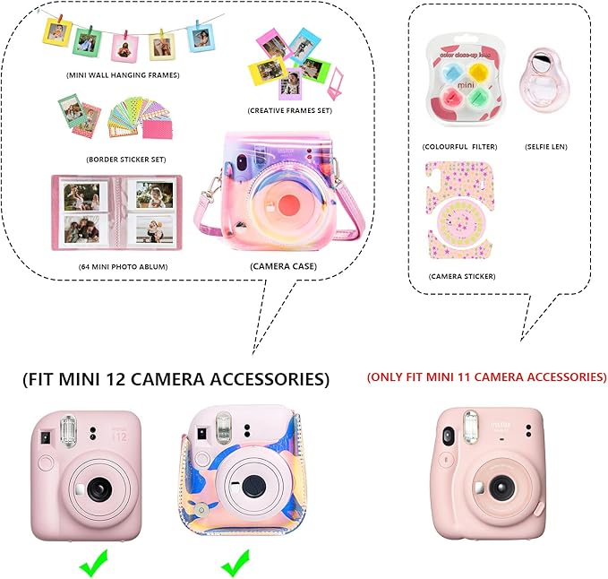 WOGOZAN Mini 11 Accessories for Fujifilm Instax Mini 11 Instant Camera Include Case, Color Filters, Photo Album, 2x3 Frames, Selfie Lens and Stickers (Transparent Pink) (No Camera)