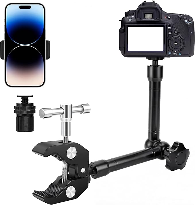 11’’ Magic Arm Super Clamp Kit 1/4" & 3/8" Screws, Small Rig Arm with Crab Clamp for DSLR,Phone,Monitor,Flash,LED Light,Camera Cage, Action Cam,360° Rotating, Table Mount