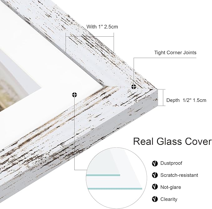 10x14 Picture Frame Set of 4, Made of Glass and Distressed White Wooden Frame, Display 8x12 Pictures with Mat or 30 x 40cm Diamond Painting Art without Mat for Wall Mounting, Gallery Photo Frames