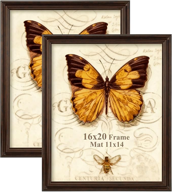 16x20 Picture Frame, 2 Pack 16 x 20 Photo Frame for Wall or Tabletop Display, Ornate Vintage 20x16 Picture Frames with Plexiglass, Display Poster 11x14 with Mat or 16x20 without Mat for Antique Déco, Brown