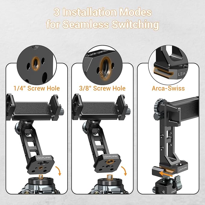Metal Phone Mount for Tripod with 2 Cold Shoes & Arca Port,Phone Holder Stand with 4 * 1/4" Screw Mount,Support Vertical & Horizontal Rotate Suitable for iPhone 17 Pro/16Pro/15Pro/14/13