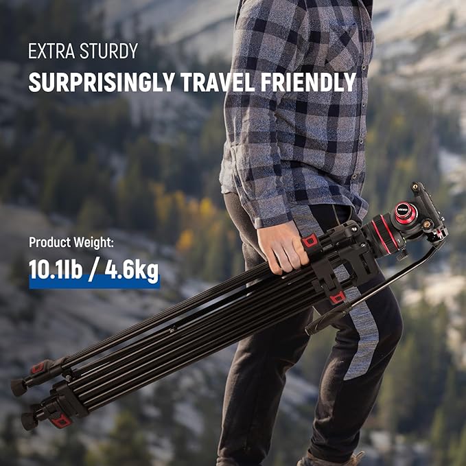 NEEWER 74" Video Tripod with Adjustable Damping Fluid Head, Metal Heavy Duty Dual-Mode QR Plate Compatible with DJI RS Gimbals, Flexible 360° Pan&+90°/-75° Tilt, Max Load 22lb/10kg, TP75