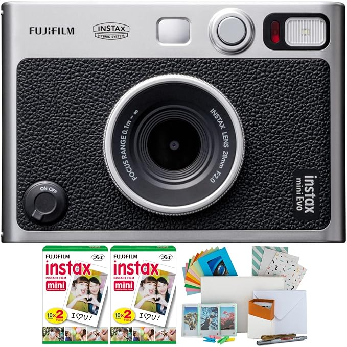 Fujifilm Instax Mini EVO Hybrid Digital/Instant Film Camera (Black) with Fujifilm Instax Mini Instant Film Pack (40 Exp) + Photo Box, Frames and Postcard Set Bundle