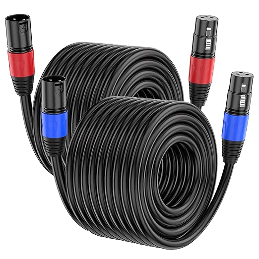 XLR Cable 50ft 2 Packs - Premium Balanced Microphone Cable with 3-Pin XLR Male to Female Mic Speaker Cable, Black, Pure Copper and Plated Conductors, PVC Jacket