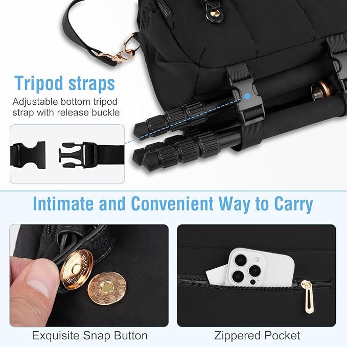 MOSISO Small Camera Bag for Photographers, Puffy Camera Shoulder Bag for DSLR/SLR Cameras, Padded Flap Crossbody Photography Handbag for Women with Tripod Holder&Rain Cover for Canon/Nikon/Sony, Black