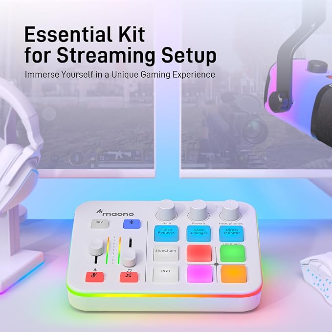 MAONO Gaming Audio Mixer, Audio Interface with Pro-preamp, RGB, Bluetooth, 48V Phantom Power for Live Streaming, Podcasting, Content Create, Gaming MaonoCaster G1 NEO (White)