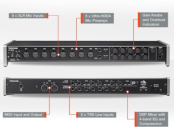Tascam US-16x08 Rackmount USB Audio/MIDI Interface for Recording, Drum Recording, 8 XLR/8 1/4" Inputs, 8 Outputs, Control Software,Black