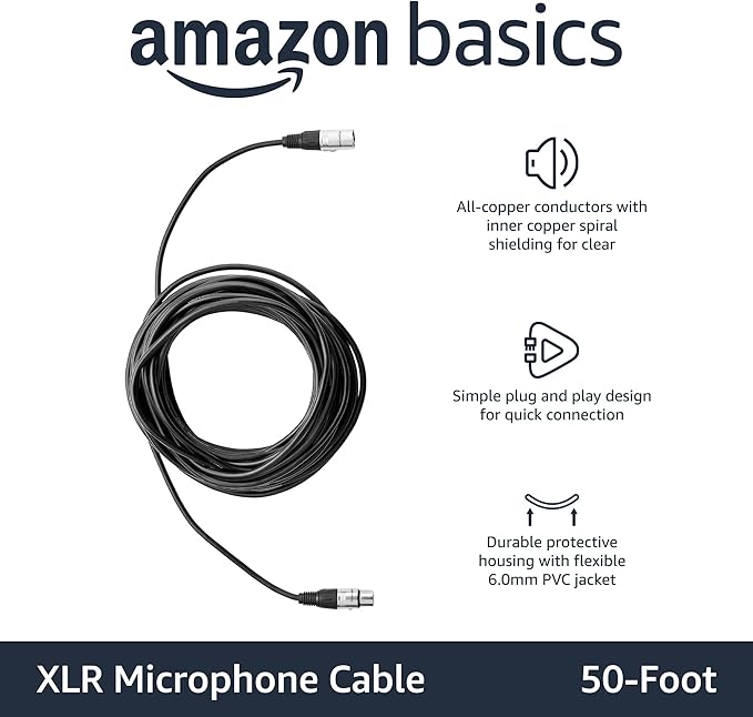 Amazon Basics XLR Microphone Cable for Speaker or PA System, Recording Studio, All Copper Conductors, 6MM PVC Jacket, 50 Foot, Black