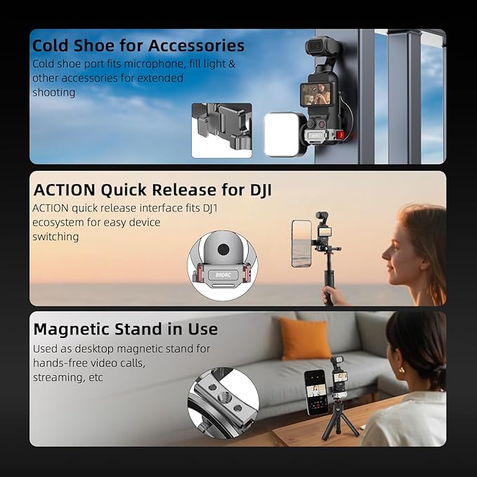 BRDRC Pocket 3 Magnetic Mount, Phone Holder for MagSafe Aluminum Alloy Magnet Expansion Adapter with Cold Shoe for DJI OSMO Pocket 3 Creator Combo Accessories (with Protective Cover)