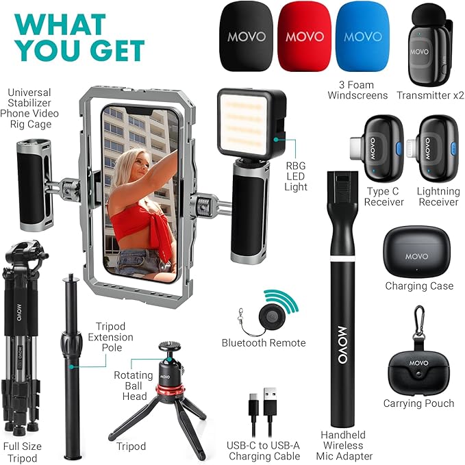 Movo iFilmer-PRO Smartphone Video Rig Kit – Stabilizer Cage with Dual Grips, Wireless Lavalier Microphones & Full Sized Tripod for iPhone/Android