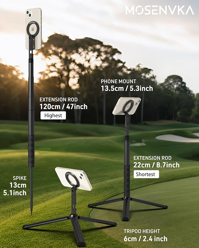 MOSENVKA Golf Tripod & Monopod Magnetic Phone Holder Golf Selfie Stick Tripod Ground Mount to Record Golf Swing Adjustable Golf Stick Aluminum Golf Swing Training Aid Compatible with iPhone Android