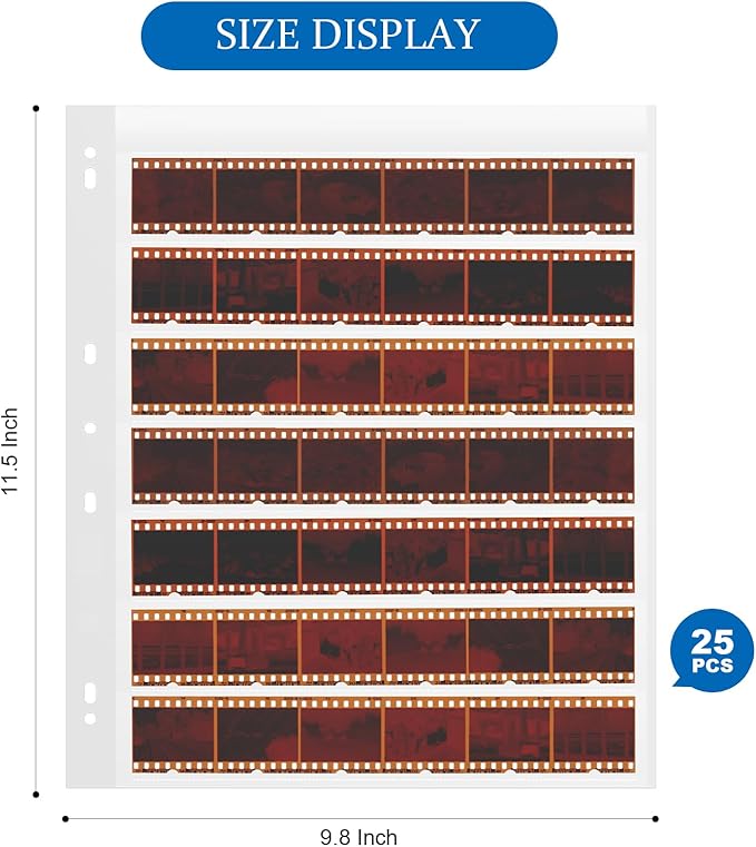 25 Pcs 35mm Negative Sleeves - Acid-Free Archival Film Negative Storage Pages, Pages Holds 7 Strips of 6 Frames - Compatible with 3-Ring Binders for Organizing 35mm Film