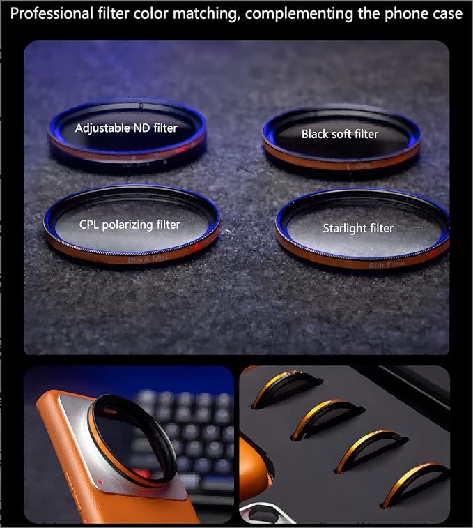 Xiaomi 12S Ultra Phone Case, 4pcs 52mm Cell Phone Lens Filters Kit with CPL, Adjustable ND, Black Mist and Star Flare Filter Lenses, Cowhide Cell Phone Case with Magnetic Attraction, Orange