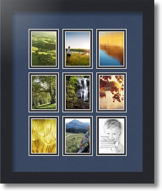 ArtToFrames Collage Photo Frame Double Mat with 9-2.5x3.5 Openings with Satin Black Frame and Midnight Blue mat.