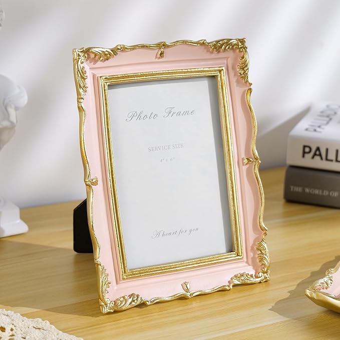 Cuspin 4x6 Vintage Picture Frame Pink and Gold Frame, 4 by 6 Photo Frames Ornate Textured Hand-Crafted Resin with Glass Front for Tabletop Display and Wall Hanging, Retro Design Home Decor