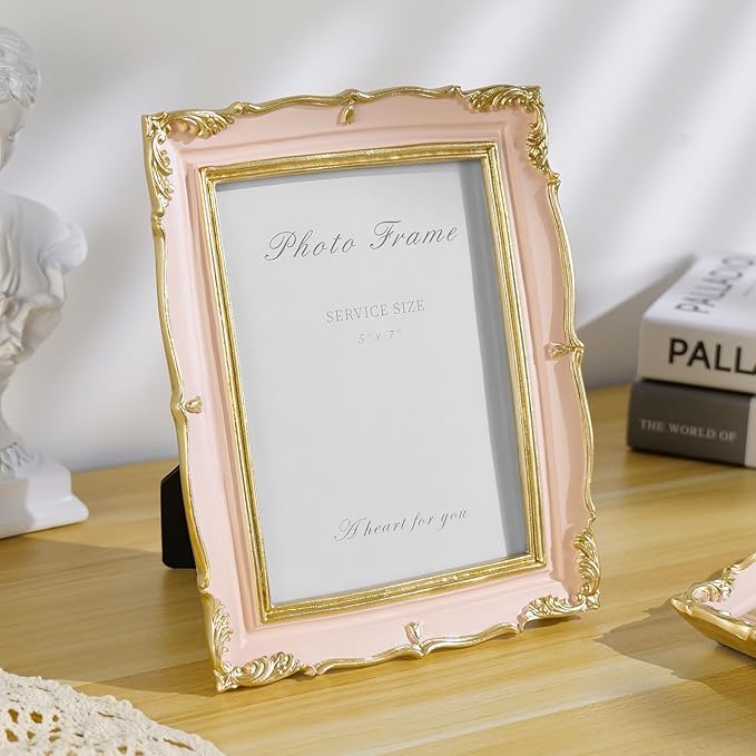 5x7 Pink Picture Frame, Vintage Pink and Gold 5 by 7 Antique Photo Frames, Ornate Textured Hand-Crafted Resin Frame with Glass Front for Tabletop Display or Wall Hanging, Retro Design Home Decor