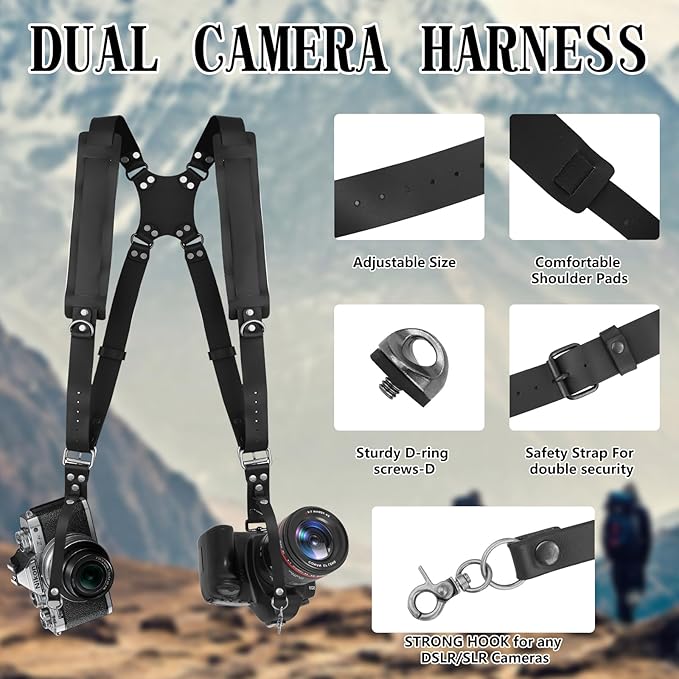 Bebaimis Dual Camera Harness Strap for Two-Cameras,Dual Shoulder Leather Camera Strap,Double Camera Harness for DSLR/SLR