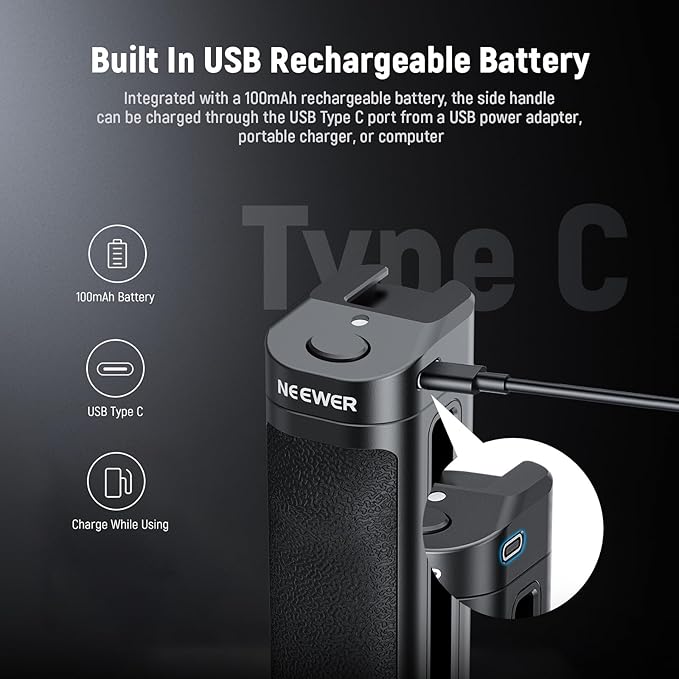 NEEWER Bluetooth Side Handle Shutter Release with 2.2"-3.2"/55-82mm 360° Phone Clamp & SSD Holder, Cold Shoes, 100mAh Rechargeable Battery Compatible with iPhone Samsung T5/T7/T9 SSD, PA028E