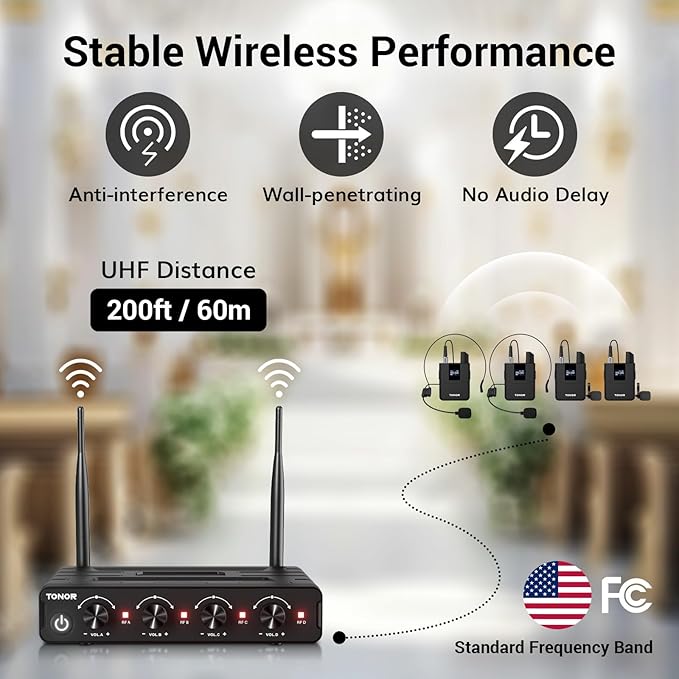 TONOR Wireless Microphones System with UHF Headset/Lavalier Lapel Mics, Bodypack Transmitter, Receiver, 4 * 10 Channels, 60 m/200ft Range for Church Conference Performance Singing Karaoke PA Speaker