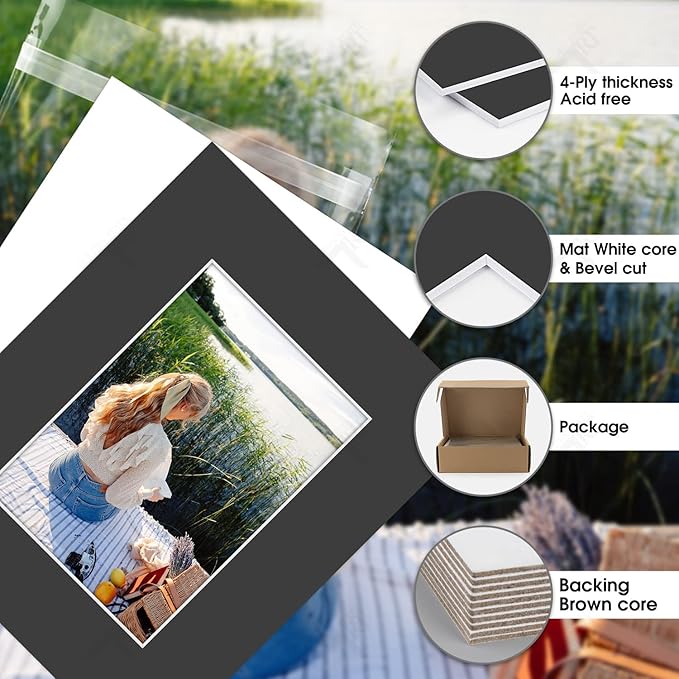 Golden State Art, Acid-Free, Pack of 25, 8x10 Black Picture Mats Mattes with White Core Bevel Cut for 5x7 Photo + Backing + Bags