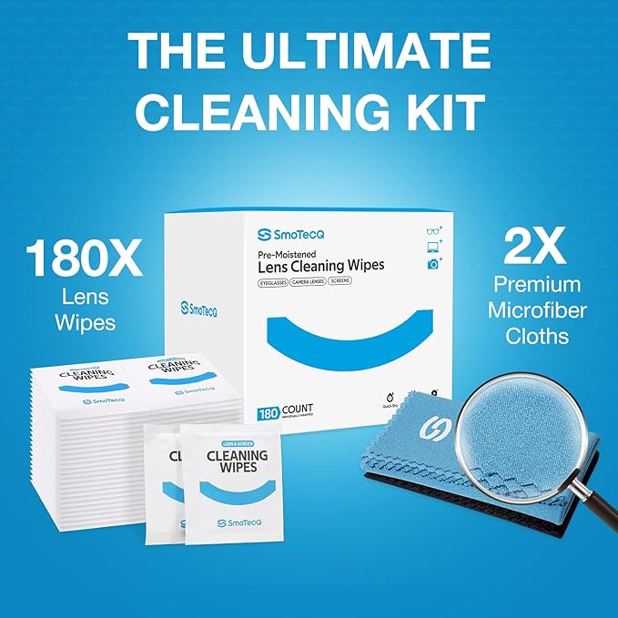 SmoTecQ Lens Wipes for Eyeglasses (180 Count + 2 Cloths) – Pre-Moistened Lens Cleaner for Coated Lenses, Sunglasses, Camera & Screens – Ammonia-Free, Streak-Free, Individually Wrapped