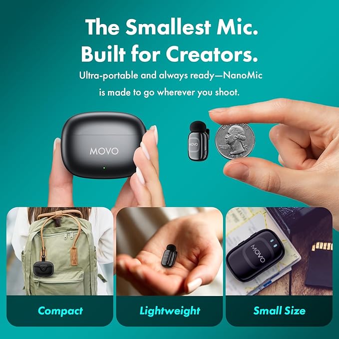 Movo NanoMic Wireless Lavalier Microphone for Camera – Clip-On TRS Wireless Mic System for DSLR, Camcorders, and Mirrorless Cameras – Dual Microphones with Charging Case for Video, Interviews