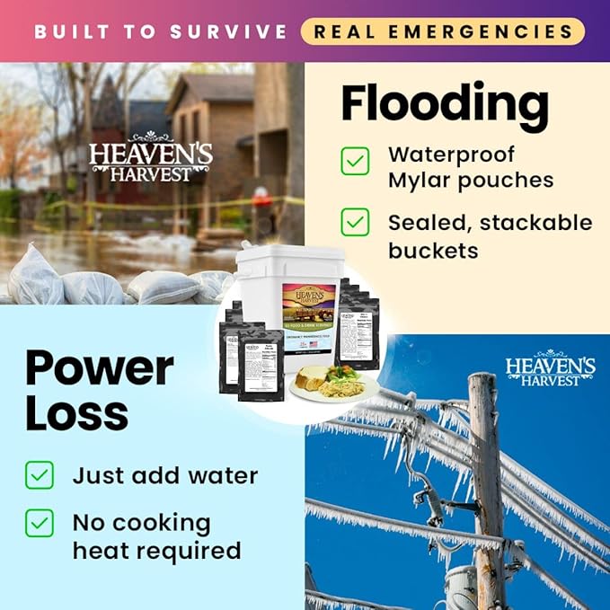Heaven’s Harvest 25-Year Family Food Kit — Emergency Food Supply. Freeze Dried Survival Food Kit + Water-Proof 25-Year Storage Bucket. MRE Meals/Non-Perishable & Perfect Camping Food (60 Servings)