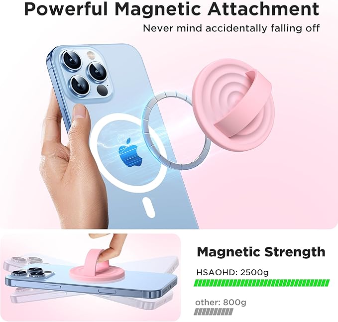 Upgraded Magnetic Phone Grip, Liquid Silicone Soft and Portable, Removable Finger Loop Ring Grip Holder for iPhone, Strong Magnetic Attraction, Compatible with MagSafe Phone Case, Pink