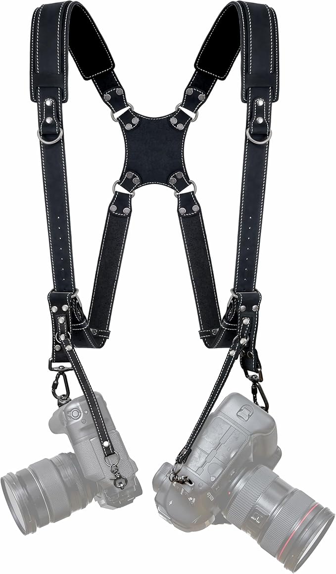 Padwa Lifestyle Black Frosted Dual Camera Harness Strap with Padded for Two Cameras -Full Grain Leather Dual Camera Harness,Multi Camera Gear for DSLR/SLR Strap,Double Camera Harness for Photographers