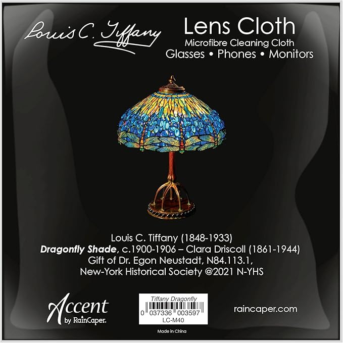 Quality Microfiber Lens Cleaning Cloth - 6”x6” - for Eyeglasses, Sunglasses, Phones, Screens, Blue-Light Glasses, Monitors - Fine Art Design - Tiffany Dragonfly