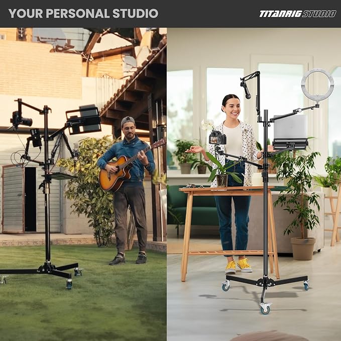 TARION 61in Live Streaming Stand with Wheel + 11in Magic Arm with Super Clamp, 5-in-1 Stream Stand Equipment Kit TitanRig + 3 Articulating Arms with 1/4" and 3/8" Thread