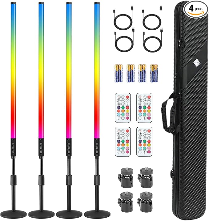 4ft RGB Led Tube Light Bar Stand with Carrying Case 5000mAh Battery 500+ Lighting Effects Music Sync for DJ Party Wedding Dance Video Studio Photo Booth Stage Lighting(4 Pack with case)