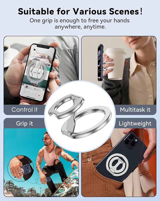 CloudValley 4-in-1 Magnetic Phone Grip Holder for MagSafe, 2025 Super Stable Kickstand & Mag Safe Finger Loop, Compatible with iPhone 17/16/15/14/13 Series & MagSafe Case (Silver)