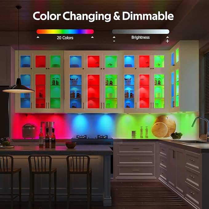 AIBOO LED Puck Lights Wired Color Changing, Multicolor Under Cabinet Lighting with Remote, Dimmable RGBW Display Case Lights 8 Pack for Cabinets, Counters, Shelves, Showcases (RGBW)