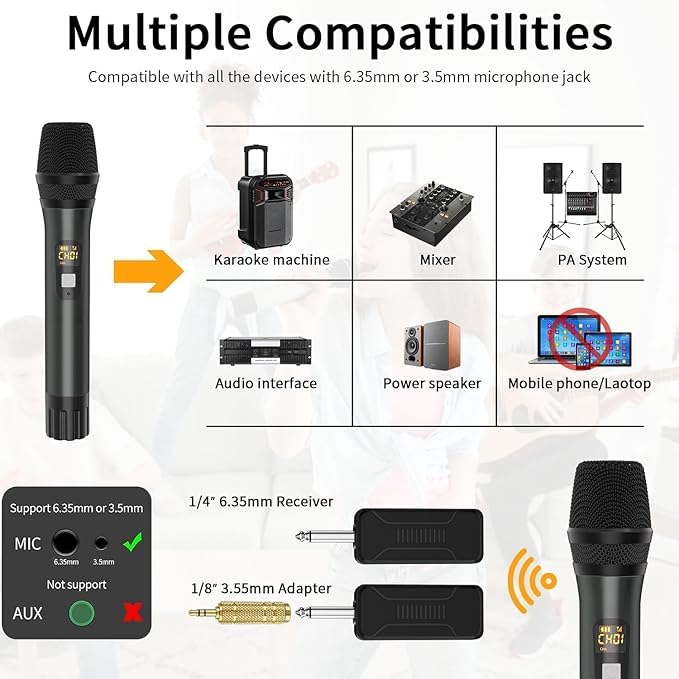 Wireless Microphones, Professional UHF Metal Dual Handheld Cordless Dynamic Mic System with Rechargeable Receiver, 1/4" Output, 160ft Range, Auto Connect for Karaoke, Party Singing, Church, Speech, DJ