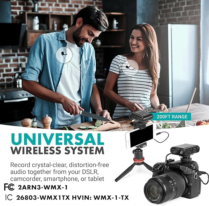 Movo WMX-1-DUO 2.4GHz Dual Wireless Lavalier Microphone System, Compatible with DSLR Cameras, Camcorders, iPhone, Android Smartphones, and Tablets, 200ft Audio Range, Great for Teaching Tutorials