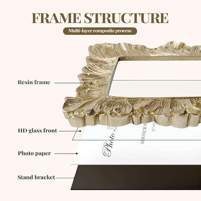 Cuspin 5x5 Picture Frame Gold Frames, Vintage Ornate Frame Palm Leaves Textured Hand-Crafted Resin with Glass Front, Elegant Retro Photo Frame for Wall Hanging and Tabletop Display Home Decor
