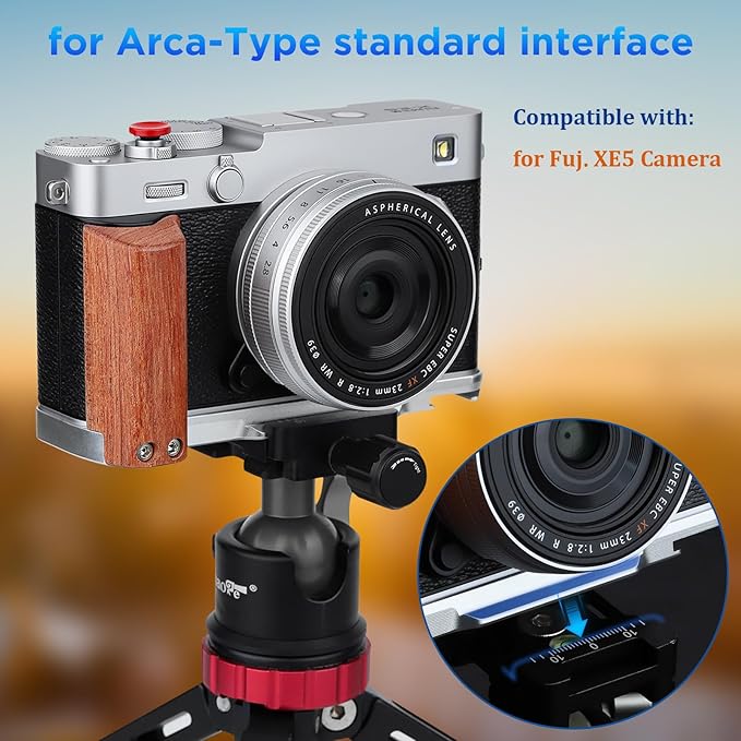 Haoge X-E5 L-Shape Grip for Fujifilm XE-5 Camera - Retro Grip Wooden Side Handle with Arca-Swiss Quick Release Plate-Silver, Extra Tripod 1/4 Hole & Hot Shoe Hole HG-XE5-W