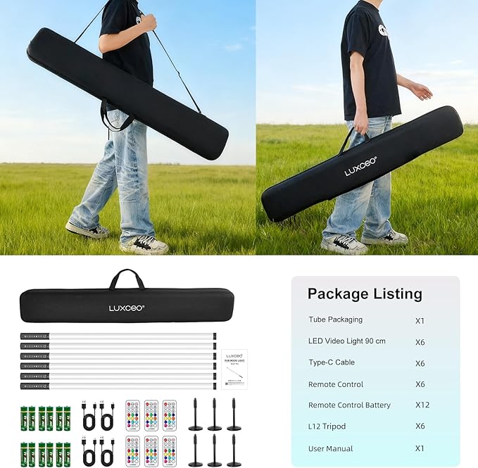 6Pack 3ft RGB Tube Light Portable 5000mAh Battery Powered with Stand Handheld Color Neon Light Bar LED Video Light with Bag for Photography DJ Dance Party Stage Painting Photo Booth Lighting