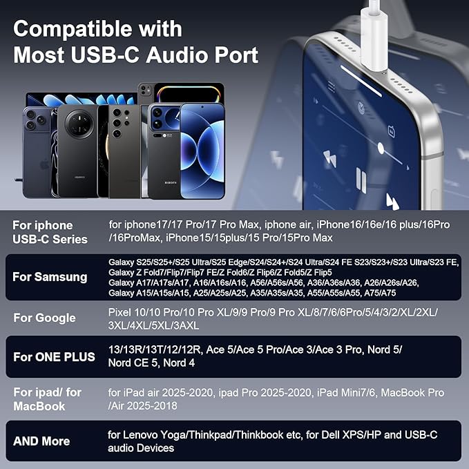USB C Headphones for iPhone16/15, iPhone Wired Earbuds with Microphone Noise Cancelling Usbc Wired Earphones for Samsung Galaxy A17 iPhone 17Pro Max iPad Pro Wired Ear Buds TypeC Plug, White