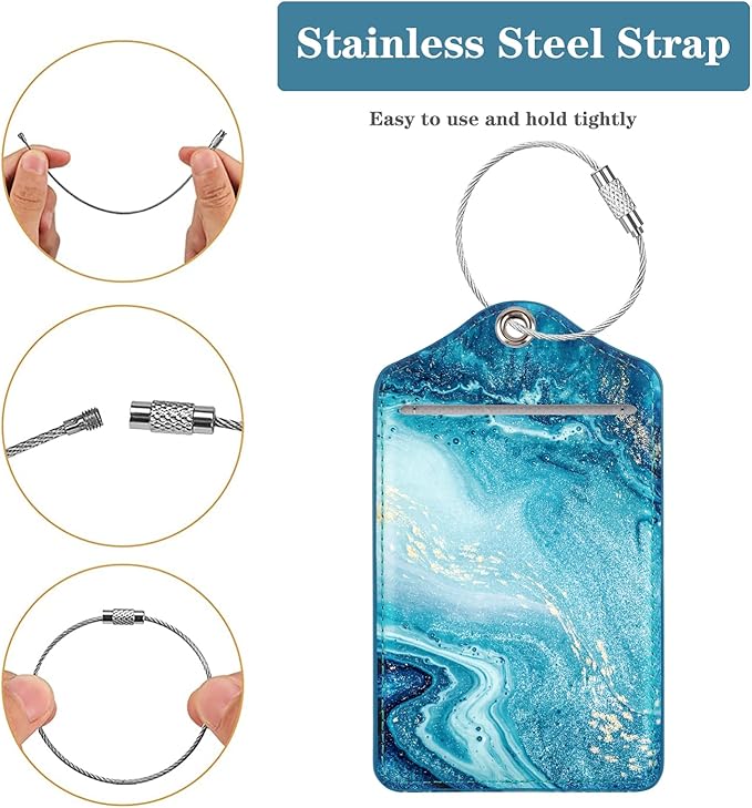 (Set of 2) Luggage Tag Leather Privacy Cover ID Label Address Card with Stainless Steel Loop, Travel Bag Tags Suitcase Labels, Flowing Blue