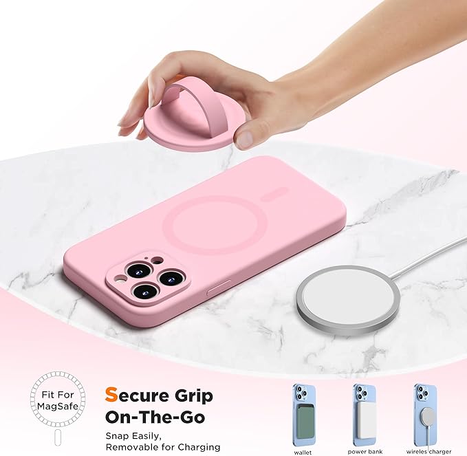 Upgraded Magnetic Phone Grip, Liquid Silicone Soft and Portable, Removable Finger Loop Ring Grip Holder for iPhone, Strong Magnetic Attraction, Compatible with MagSafe Phone Case, Pink